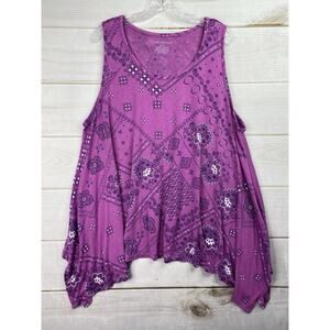 Lane Bryant Women Tank Top 26/28 Purple Paisley Knit Asymmetrical Hippie Western